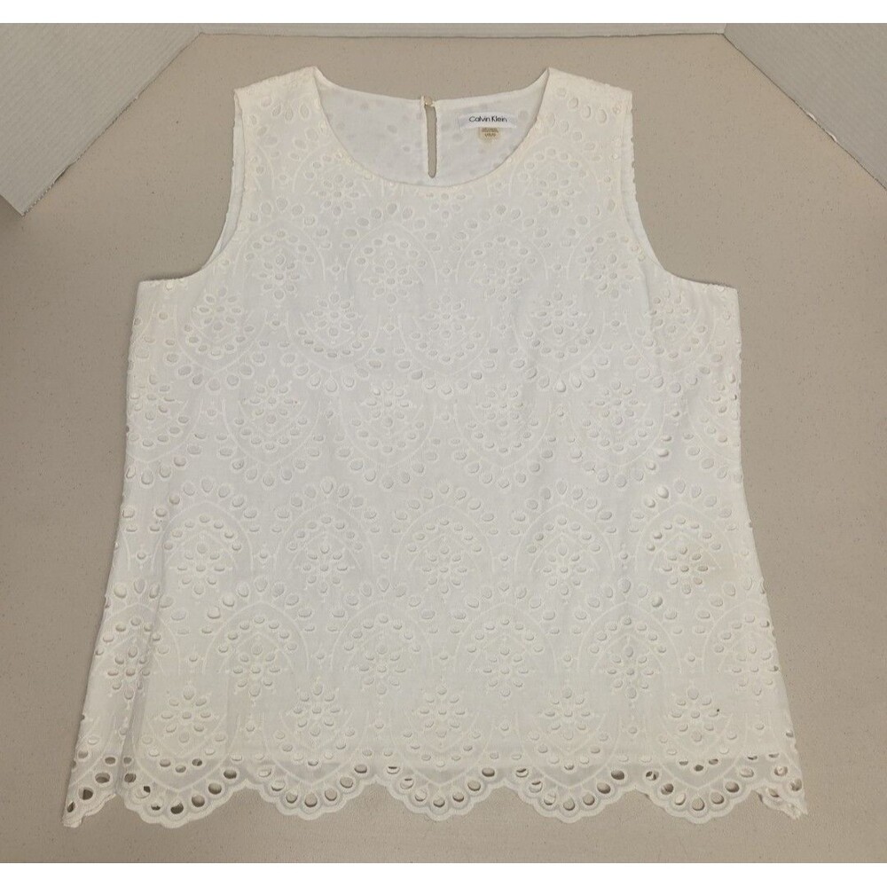 Calvin Klein Sleeveless Top Lace Lined Womens Size Large White Tank